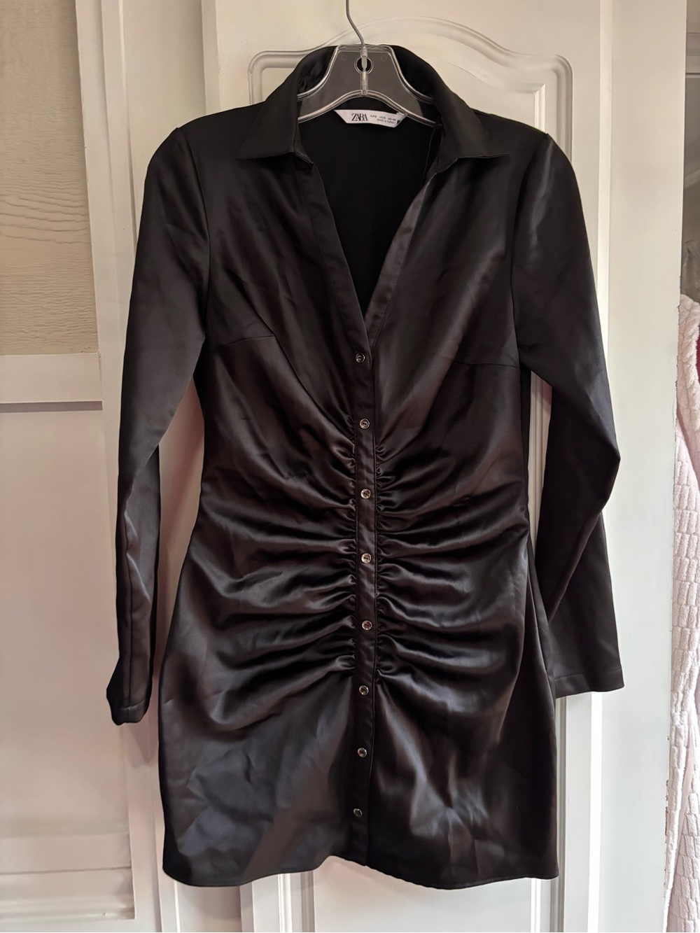 Zara Black Ruched Button-Front Long-Sleeve Shirt Dress